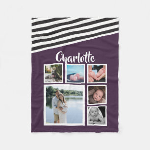 Photo Collage Unique Personalised Purple Striped Fleece Blanket