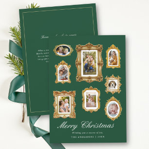 Photo Collage Vintage Gold Frames Heirloom Green Holiday Card