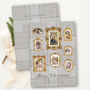Photo Collage Vintage Gold Neutral Plaid Christmas Holiday Card