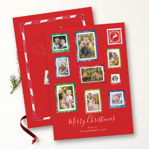 Photo Collage Vintage Stamps Red Family Christmas Holiday Card