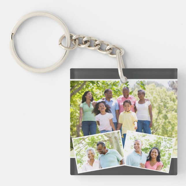Photo Collage w. 3 Family Photos - Charcoal Grey Key Ring (Front)