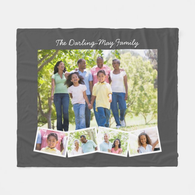 Photo Collage w Zigzag Photo Strip & Family Name Fleece Blanket (Front (Horizontal))