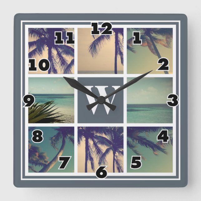 Photo collage wall clock with custom name monogram (Front)