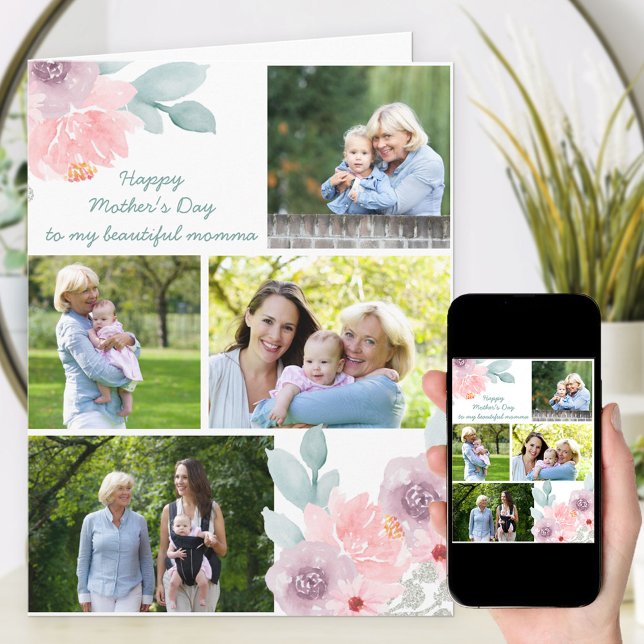 Photo Collage Watercolor Soft Floral Editable Card (Creator Uploaded)