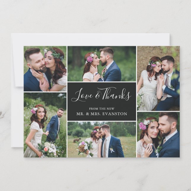 Photo Collage Wedding Thank You Flat Card | Ebony (Front)