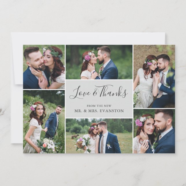 Photo Collage Wedding Thank You Flat Card | Grey (Front)