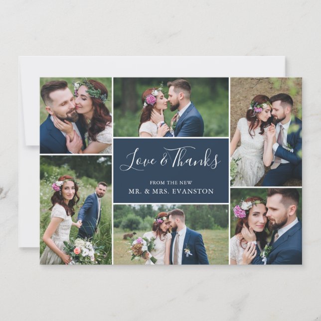 Photo Collage Wedding Thank You Flat Card | Navy (Front)