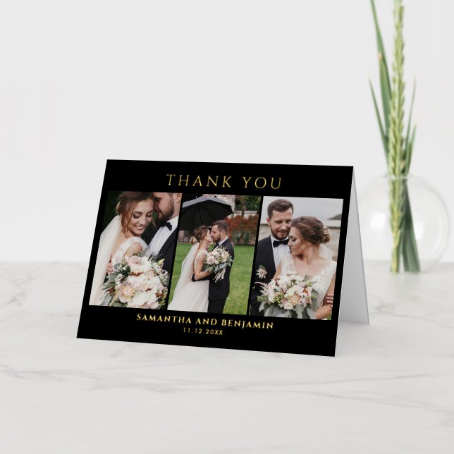 Photo Collage Wedding Thank You Gold Foil Card (Front)