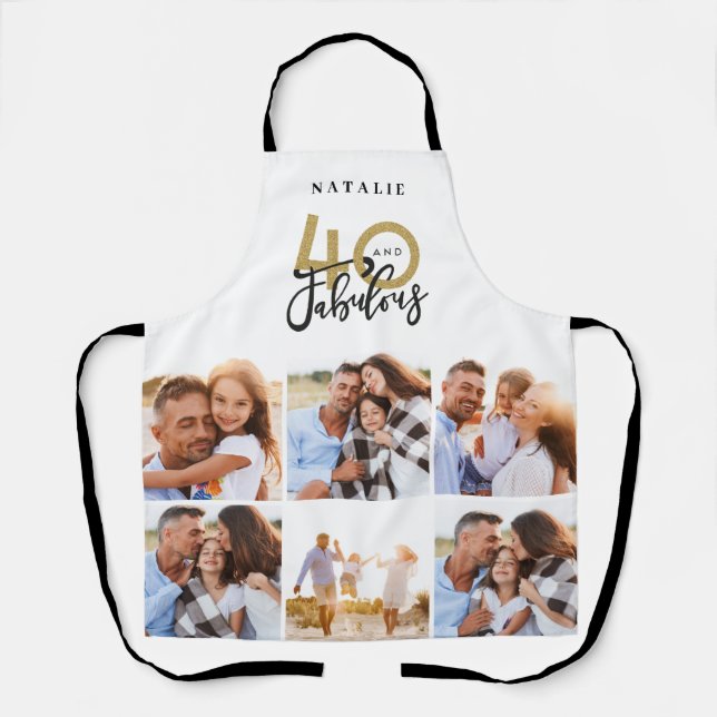 Photo collage white and gold 40th birthday modern apron (Front)