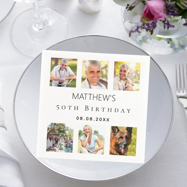 Photo collage white birthday party napkin (Creator Uploaded)