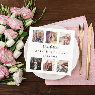 Photo collage white birthday party napkin