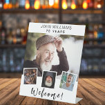 Photo collage white birthday party welcome pedestal sign<br><div class="desc">Create your own unique photo collage. Use four,  4 of your favourite photo. Personalise and add a name and age. White background,  black text.</div>