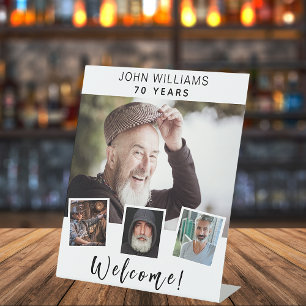 Photo collage white birthday party welcome pedestal sign