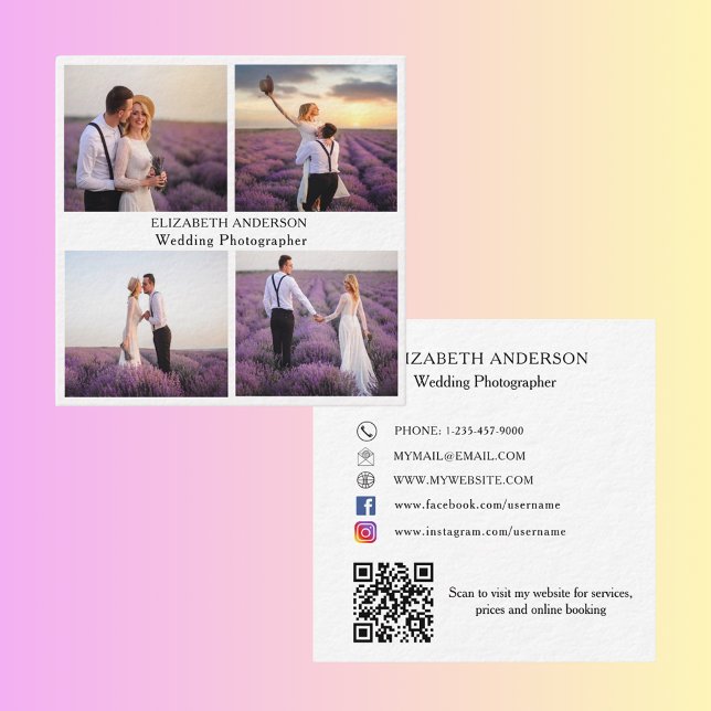 Photo collage white black QR social media premium Square Business Card (Creator Uploaded)
