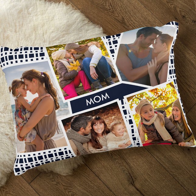 Photo Collage with 5 Pictures Blue and White Mum Decorative Cushion (Creator Uploaded)
