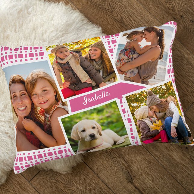 Photo Collage with 5 Pictures Pink and White Decorative Cushion (Creator Uploaded)