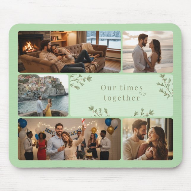 Photo collage with 6 photos and custom Sage Green Mouse Mat (Front)