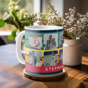 Photo Collage with 8 Photos Colourful Retro Stripe Coffee Mug