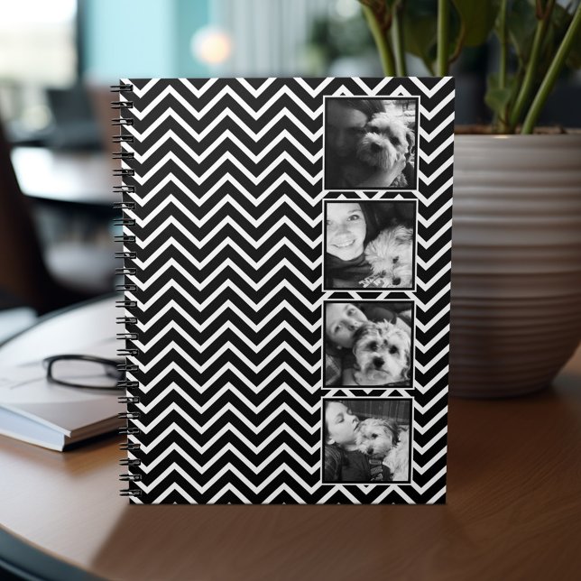 Photo Collage with Black and White Chevron Pattern Notebook (Personalized notebook - add photos and your name or other text)