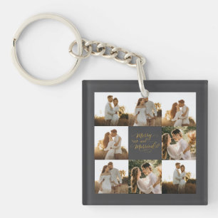 Photo Collage with Merry and Married Gold Script Key Ring