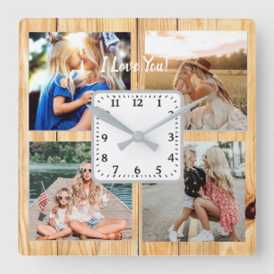photo collage with mom, on vintage wood background square wall clock