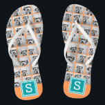 Photo Collage with Monogram - Orange and Teal Flip Flops<br><div class="desc">You can use any photos for this design. Use 8 square pictures to create a unique and personal gift. Or you can keep the hipster puppy and make a trendy keepsake. If you need to adjust the pictures,  click on the customise tool to make changes.</div>