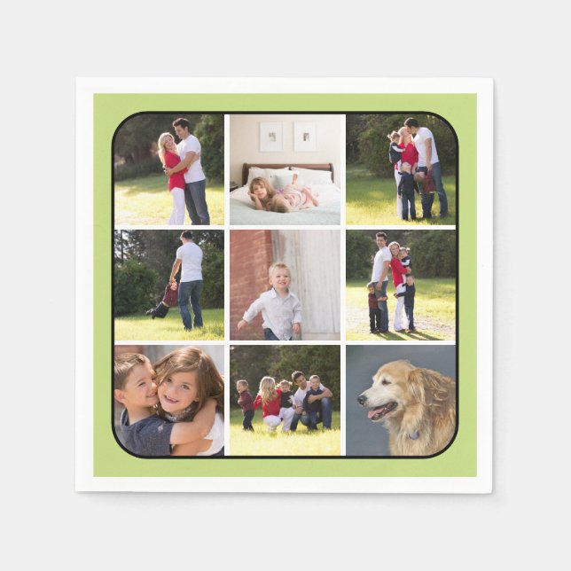 Photo collage with nine photos, pale green border napkin (Front)