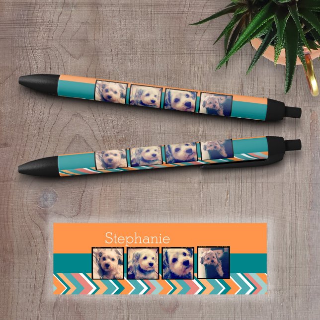 Photo Collage with Orange and Teal Chevrons Black Ink Pen (Personalized Writing Pens - add your name, monogram or other text)
