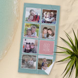 Photo Collage with Pastel Colours and Custom Text Beach Towel<br><div class="desc">Pastel Teal Green and Rose Pink - Use 7 square photos to create a unique and personal gift. An area for text is included if you want to add names or a year and event. If you need to adjust the pictures,  click on the customise tool to make changes.</div>