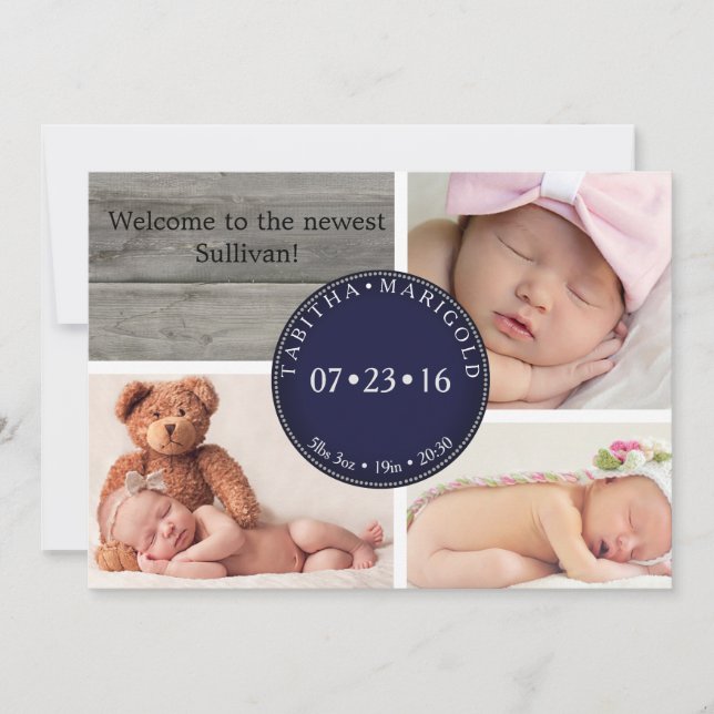 Photo Collage Wood Neutral Birth Announcement (Front)