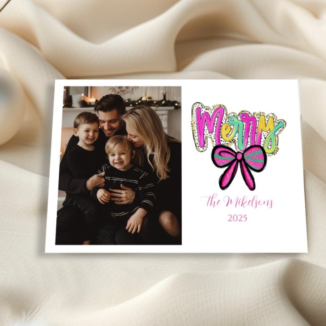 Photo Colorful Merry Bow Christmas Holiday Card (Creator Uploaded)
