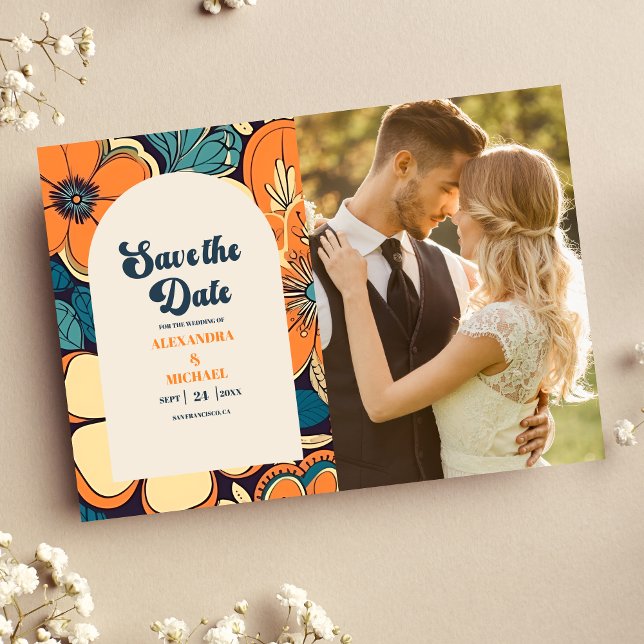 Photo Colourful Groovy Retro 70s Floral Wedding Save The Date (Creator Uploaded)