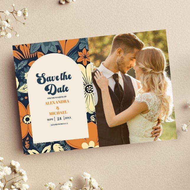 Photo Colourful Groovy Retro 70s Floral Wedding Save The Date (Creator Uploaded)