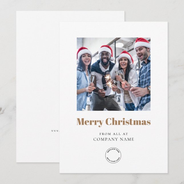 Photo Company Logo QR Code Gold Merry Christmas Holiday Card (Front/Back)