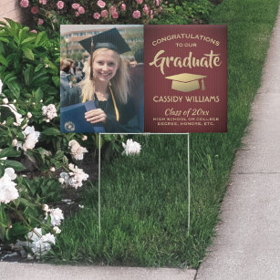 Photo Congrats Burgundy and Gold Graduation Yard Garden Sign