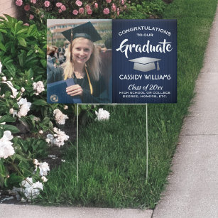 Photo Congrats Navy Blue White & Silver Graduation Garden Sign