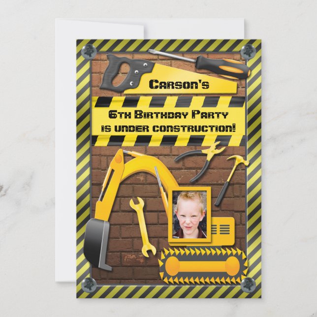 Photo Construction Birthday Party Tools and Digger Invitation (Front)
