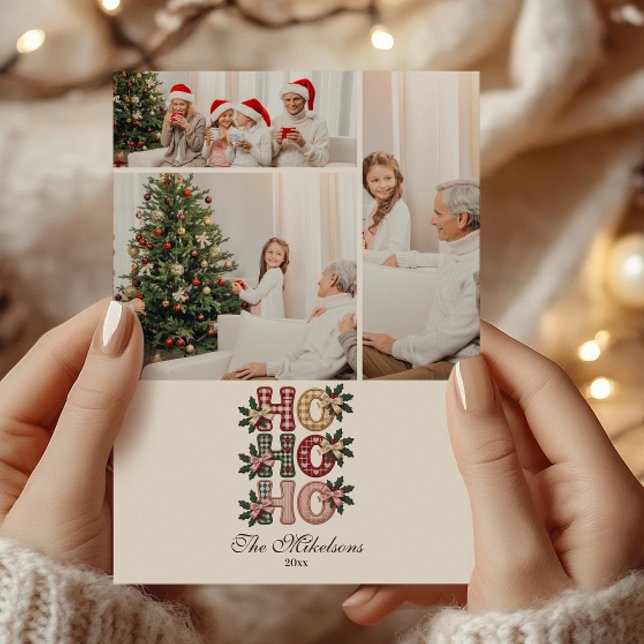 Photo Coquette Gingham Ho Ho Ho Christmas Holiday Card (Creator Uploaded)