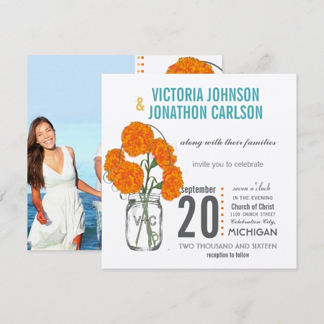 Photo Coral Turquoise Rustic Mason Jar Carnations Invitation (Front/Back)