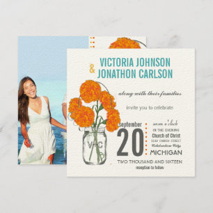 Photo Coral Turquoise Rustic Mason Jar Carnations Invitation