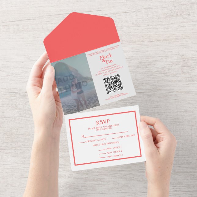 Photo Coral Wedding Invitation QR Code (Tearaway)