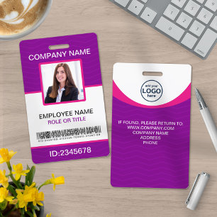 Photo Corporate Employee Name Tags Barcode Purple ID Badge