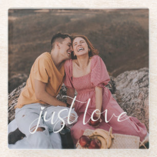 Photo Couple Just Love Script Glass Coaster