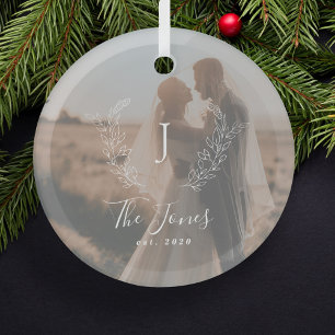 Photo couple newlyweds name monogram elegant glass tree decoration