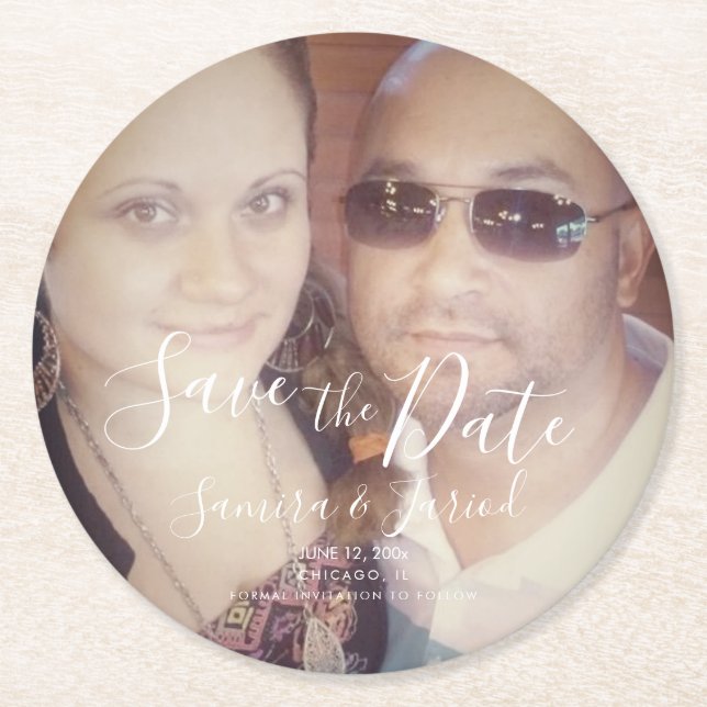 Photo Couple Save the Date Engagement Round Paper Coaster (Front)
