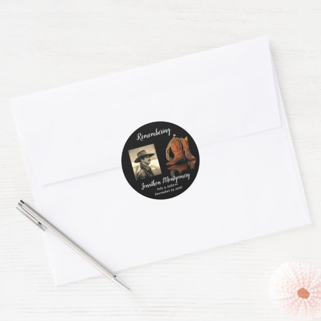 Photo, Cowboy Hat and Rope Memorial  Classic Round Sticker (Envelope)