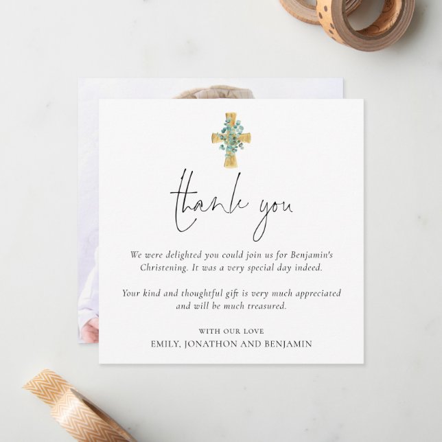 Photo Cross Baptism Christening Thank You Card (Front/Back In Situ)