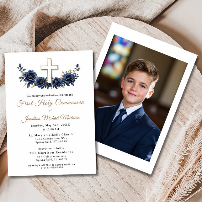 Photo Cross Navy Blue Gold Floral First Communion Invitation (Creator Uploaded)