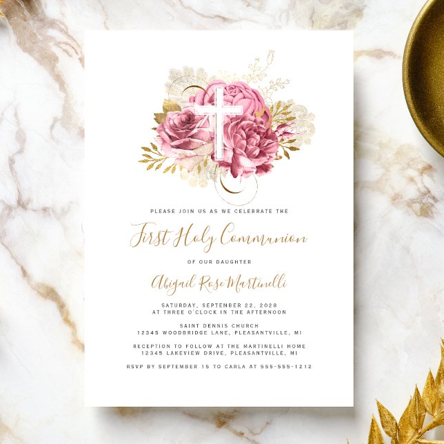 Photo Cross Pink Gold Floral First Communion Invitation (Creator Uploaded)