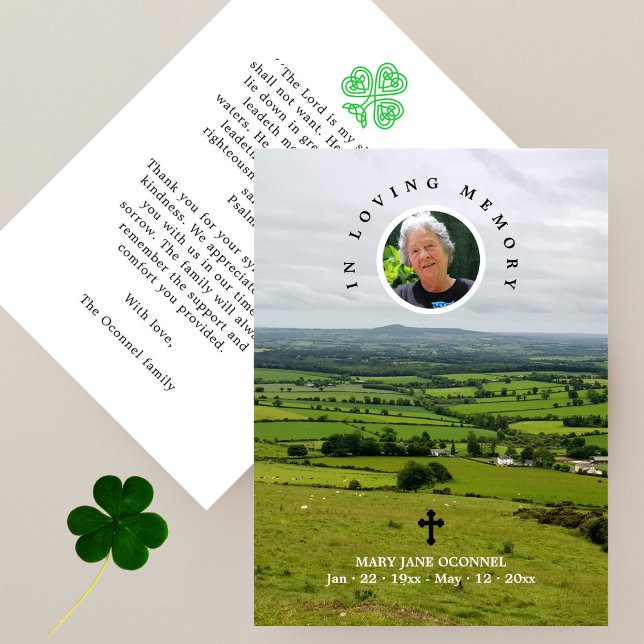 Photo Cross Shamrock Green Pastures Funeral Prayer Thank You Card (Creator Uploaded)
